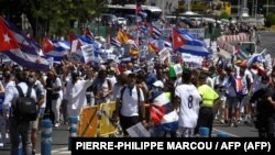 Una manifestación de cubanos en la Gran Vía de Madrid, el 25 de julio de 2021.