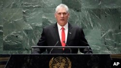 Miguel Díaz-Canel se dirige al Foro de las Naciones Unidas para el Desarrollo Sostenible, este lunes 18 de septiembre de 2023. (Foto AP/Richard Drew)