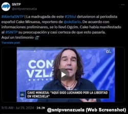 Post en X del SNTP sobre la detención de Minuesa. (@sntpvenezuela)