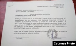 Notificación de sentencia contra Adrián Curuneaux. (Cortesía de la familia)