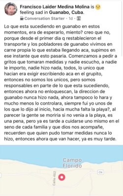 Un post en Facebook describe la indignación de los residentes de Guanabo.