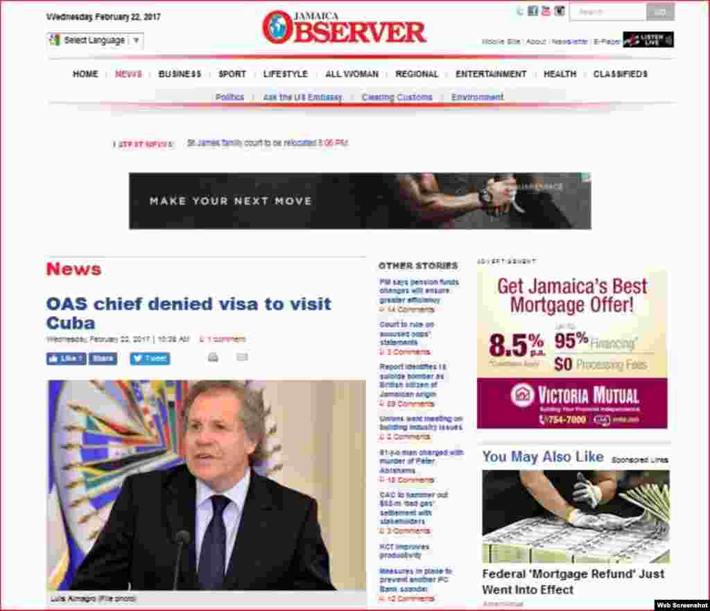 Jamaica Observer publica en portada la negativa de visa a Almagro para entrar a Cuba.