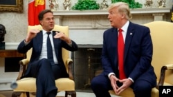 ARCHIVO - El 18 de julio de 2019, siendo presidente, Donald Trump recibió en la Oficina Oval de la Casa Blanca al entonces primer ministro holandés Mark Rutte. (Foto AP/Alex Brandon, Archivo)