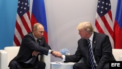 El presidente ruso, Vladímir Putin, conversa con el presidente estadounidense, Donald J. Trump (d), durante una reunión bilateral en el ámbito de la cumbre de líderes de estado y gobierno del G20, en Hamburgo (Alemania) hoy, 7 de julio de 2017.