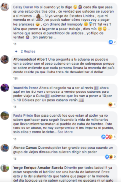 Comentarios de usuarios en el perfil de Facebook de la Aduana de Cuba.