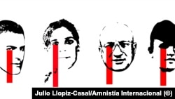 Roberto Pérez Fonseca, Saylí Navarro, Félix Navarro y Luis Robles, los cuatro nuevos presos de conciencia nombrados por Amnistía Internacional. (Ilustración de Julio Llopiz-Casal/Amnistía Internacional)