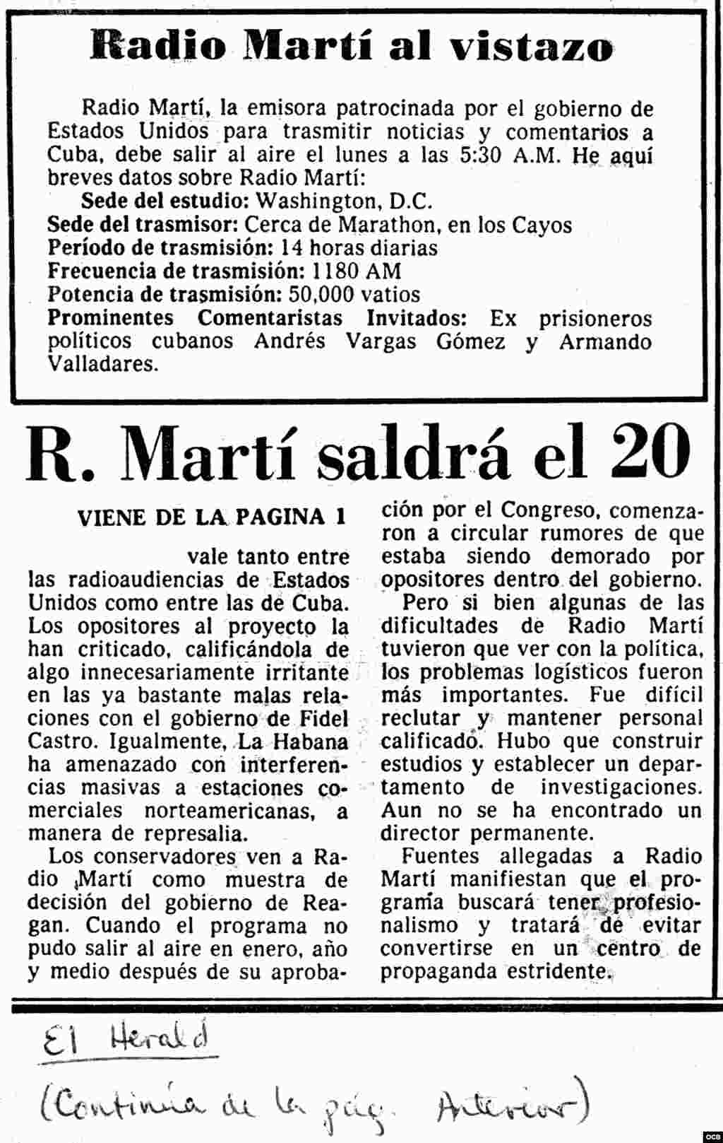 Radio Martí saldrá al aire el lunes. El Herald. Miami