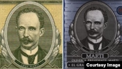 Las imágenes de Martí, a la izquierda en el sello emblemático del peso cubano, y a la derecha en el envase del Oliver’s Presidente Martí-El Gran Ron del Caribe.