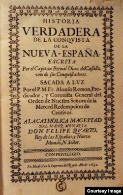 En la imprenta del reyno, 1632, Madrid. Portada de la primera edición de Historia verdadera de la conquista de la Nueva España.