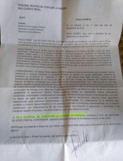 Con este dictamen, la Sala Quinta Penal del Tribunal Provincial de La Habana negó la primera solicitud de licencia extrapenal solicitada en 2019 a favor de Portal Contreras (Cortesía: Lucinda González).