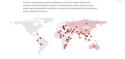 El mapa muestra a los países que han usado las medidas sanitarias del COVID-19 para reprimir la libertad de espresión.