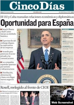 Portada del diario Cinco Días tras el anuncio de la nueva era diplomática entre Estados Unidos y Cuba.