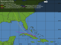 Posibles trayectorias de los restos de Erika a las 9:00 am del sábado 29/08/2015.