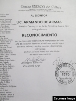 Reconocimiento del Centro UNESCO de Cultura de Puerto Rico a Armando de Armas.