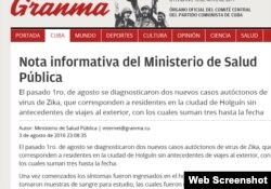 Esta información del 3 de agosto de 2016 fue la última ofrecida a la población cubana, hasta hoy, sobre casos de Zika reportados en la isla