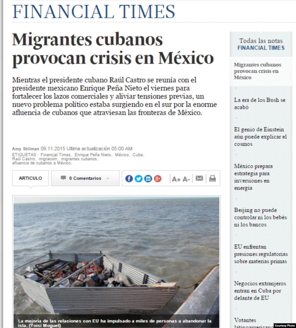 Según Financial Times, los oficiales mexicanos de migración advierten que el número de cubanos que llegan a través de la frontera sigue aumentando aunque el presidente mexicano, Enrique Peña Nieto, y el mandatario cubano, Raúl Castro, acaban de firmar un acuerdo. &nbsp;