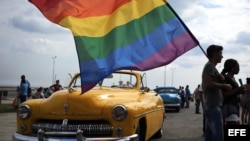 Un grupo de personas sostiene una bandera de la comunidad LGTBI. 