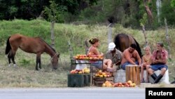 Una familia de campesinos cubanos vende mangos en la carretera. Foto Archivo REUTERS/Desmond Boylan