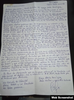 Carta del preso político del 11J Jorge Bello Domínguez, escrita en la prisión de Valle Grande