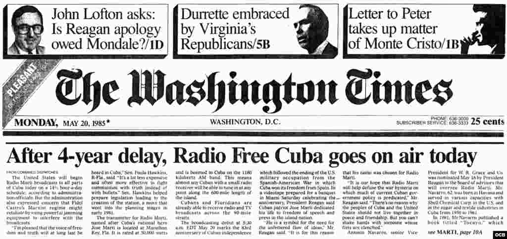 Tras cuatro años pospuesta, Radio Free Cuba, sale al aire hoy. The Washington Times. Mayo 20, 1985