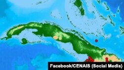 Mapa muestra los sismos registrados en Cuba entre el 13 y el 14 de diciembre de 2024. (Facebook/CENAIS)