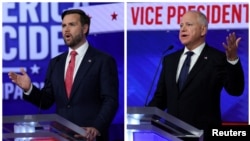 El candidato republicano a la vicepresidencia, el senador JD Vance (R-OH), en debate con el candidato demócrata, el gobernador de Minnesota, Tim Walz. REUTERS/Mike Segar